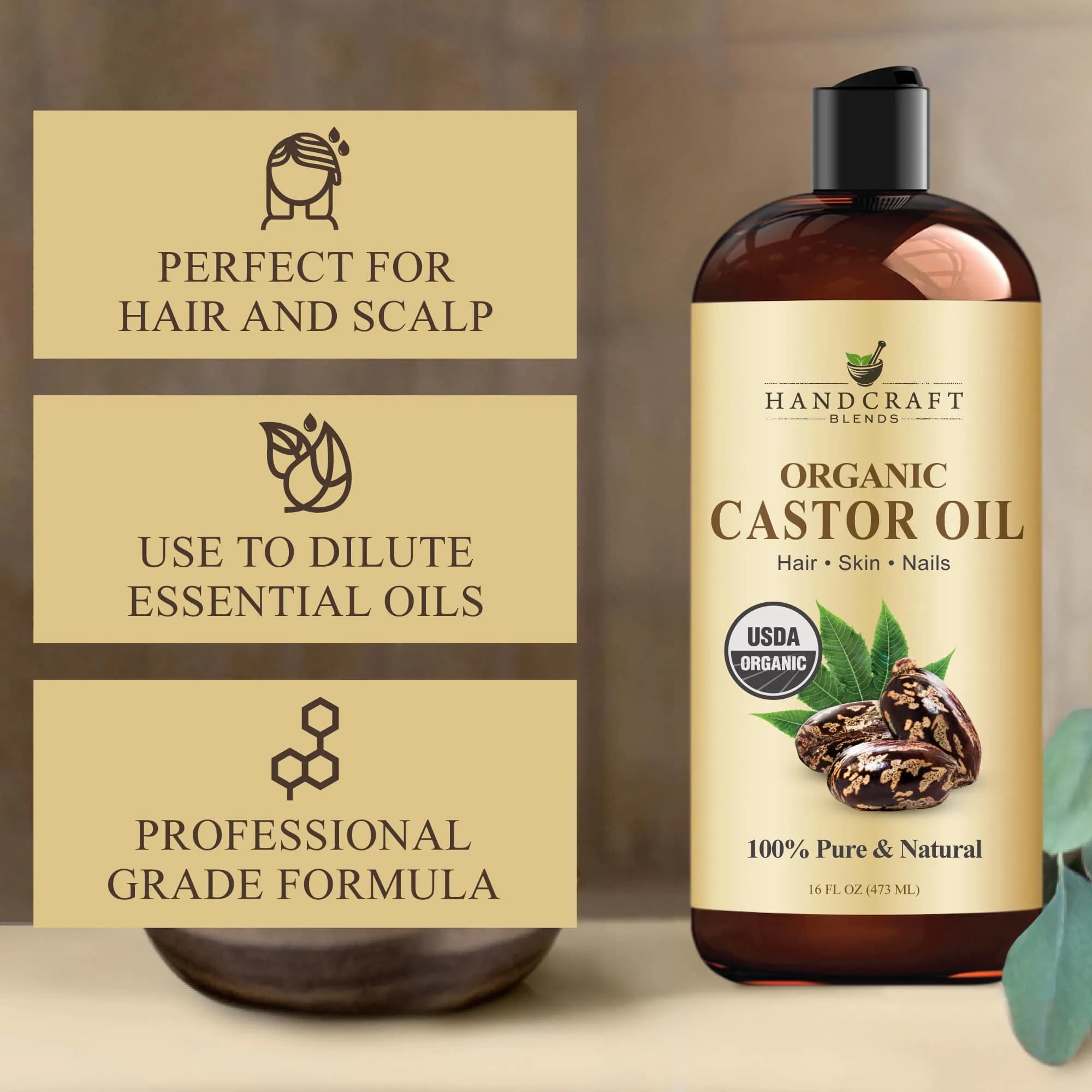 Handcraft Blends Organic Castor Oil 473ml (16 Fl Oz) | USDA Organic, Pure & Natural Carrier Oil for Hair Growth, Skin & Body - view 2