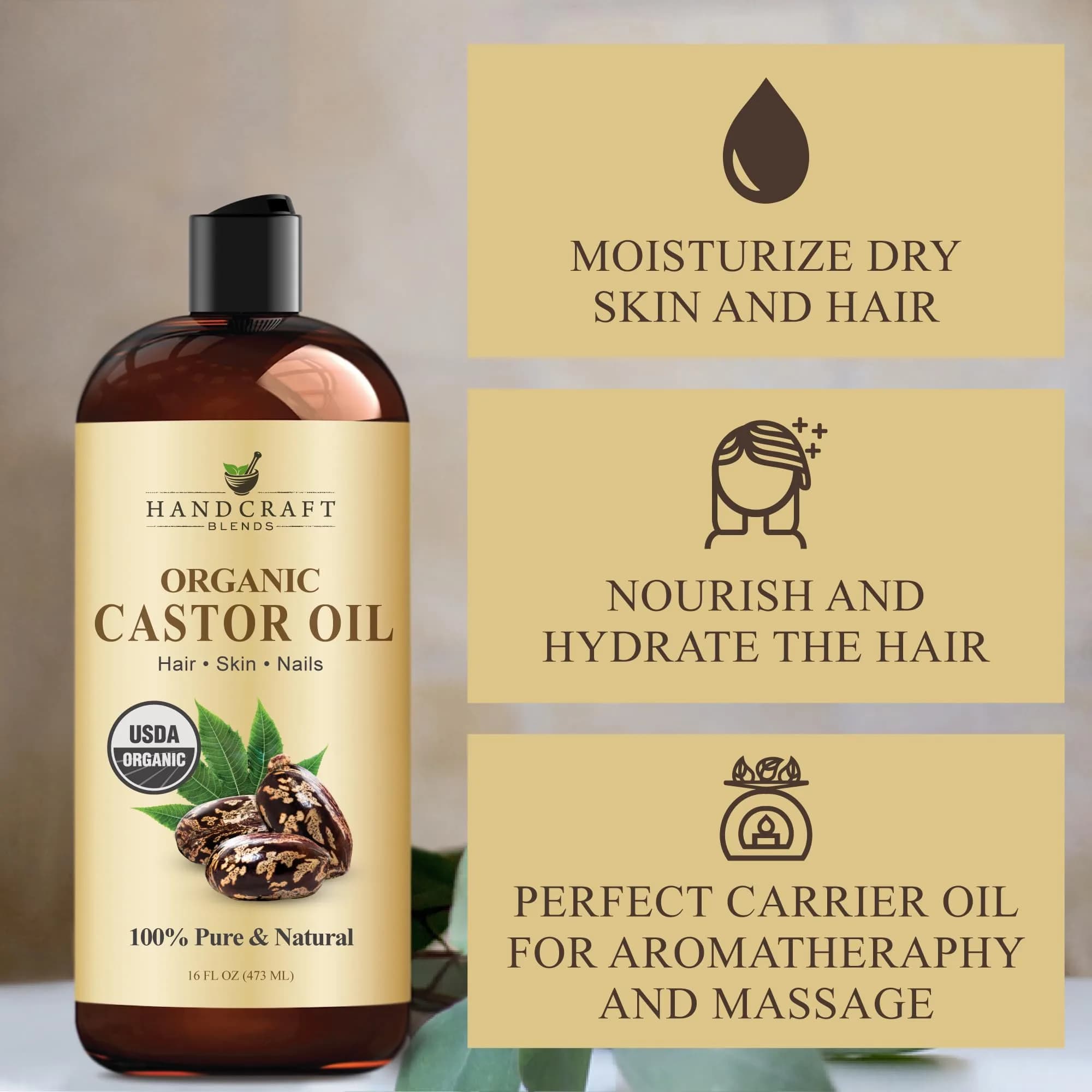 Handcraft Blends Organic Castor Oil 473ml (16 Fl Oz) | USDA Organic, Pure & Natural Carrier Oil for Hair Growth, Skin & Body - view 3