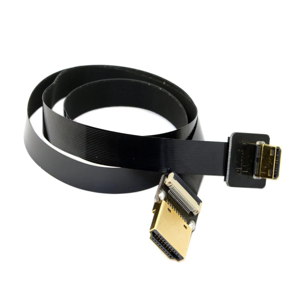 cablecc 90 Degree Up Angled FPV Mini HDMI to HDMI Flat Cable 50cm (1.6ft) | Connects Mini HDMI Devices to Standard HDMI Displays — Black Gold Up Angled