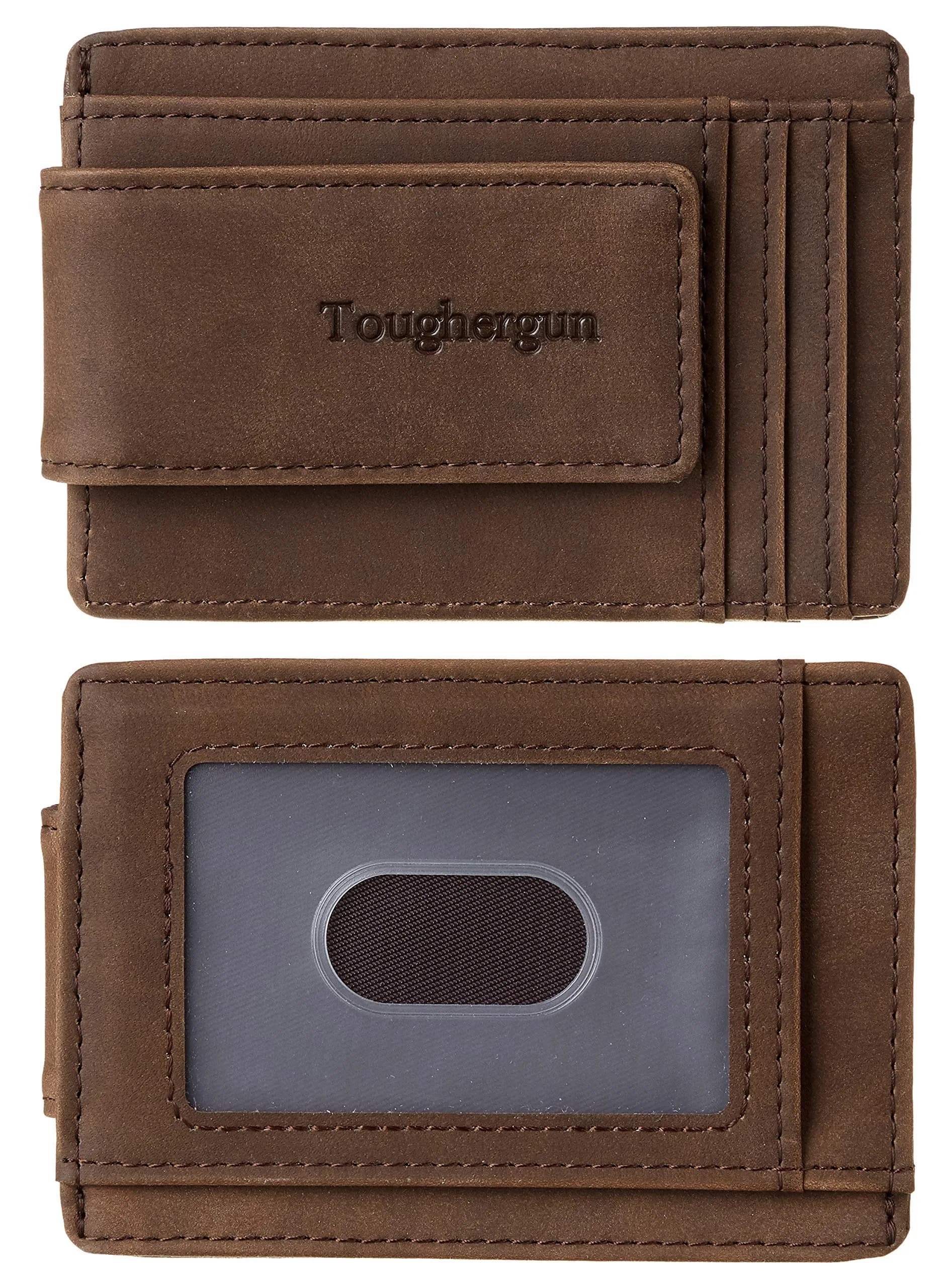 Toughergun Slim Wallet for Men RFID Blocking Money Clip, Minimalist Front Pocket Credit Card Holder, Magnetic Thin Mens Wallets with ID Window (Russet Brown, 4" x 3" x 0.3")