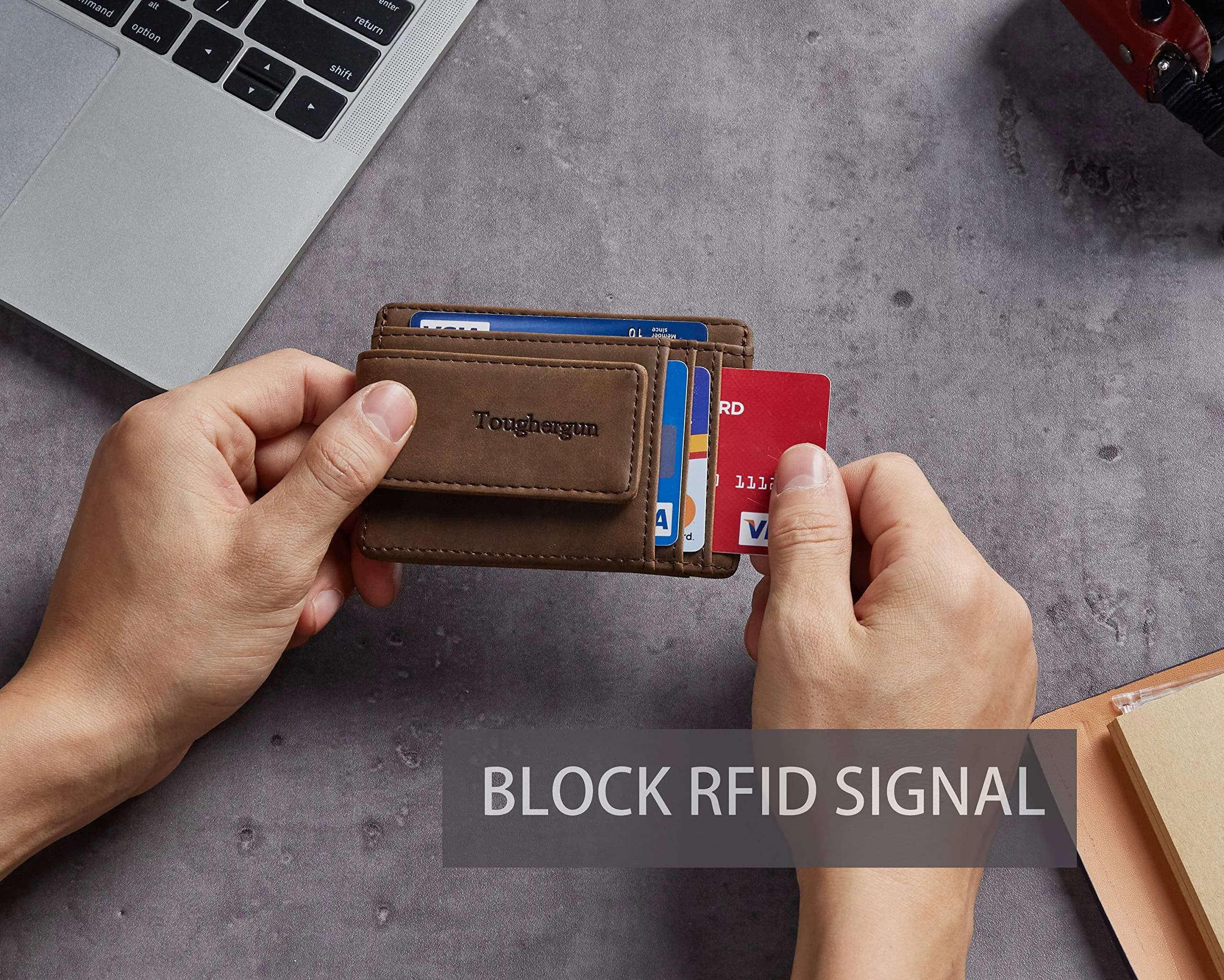 Toughergun Slim Wallet for Men RFID Blocking Money Clip, Minimalist Front Pocket Credit Card Holder, Magnetic Thin Mens Wallets with ID Window (Coffee, 4" x 3" x 0.3") - view 7
