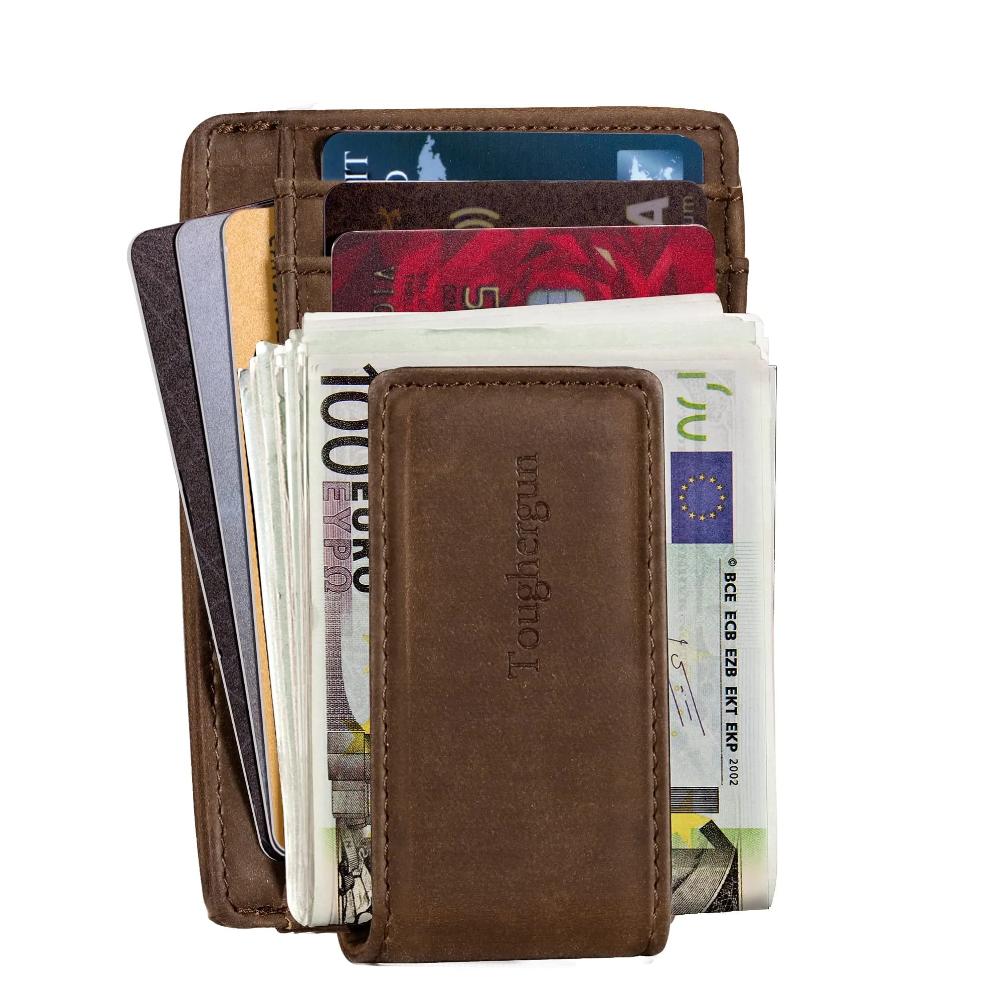 Toughergun Slim Wallet for Men RFID Blocking Money Clip, Minimalist Front Pocket Credit Card Holder, Magnetic Thin Mens Wallets with ID Window (Coffee, 4" x 3" x 0.3") - view 3