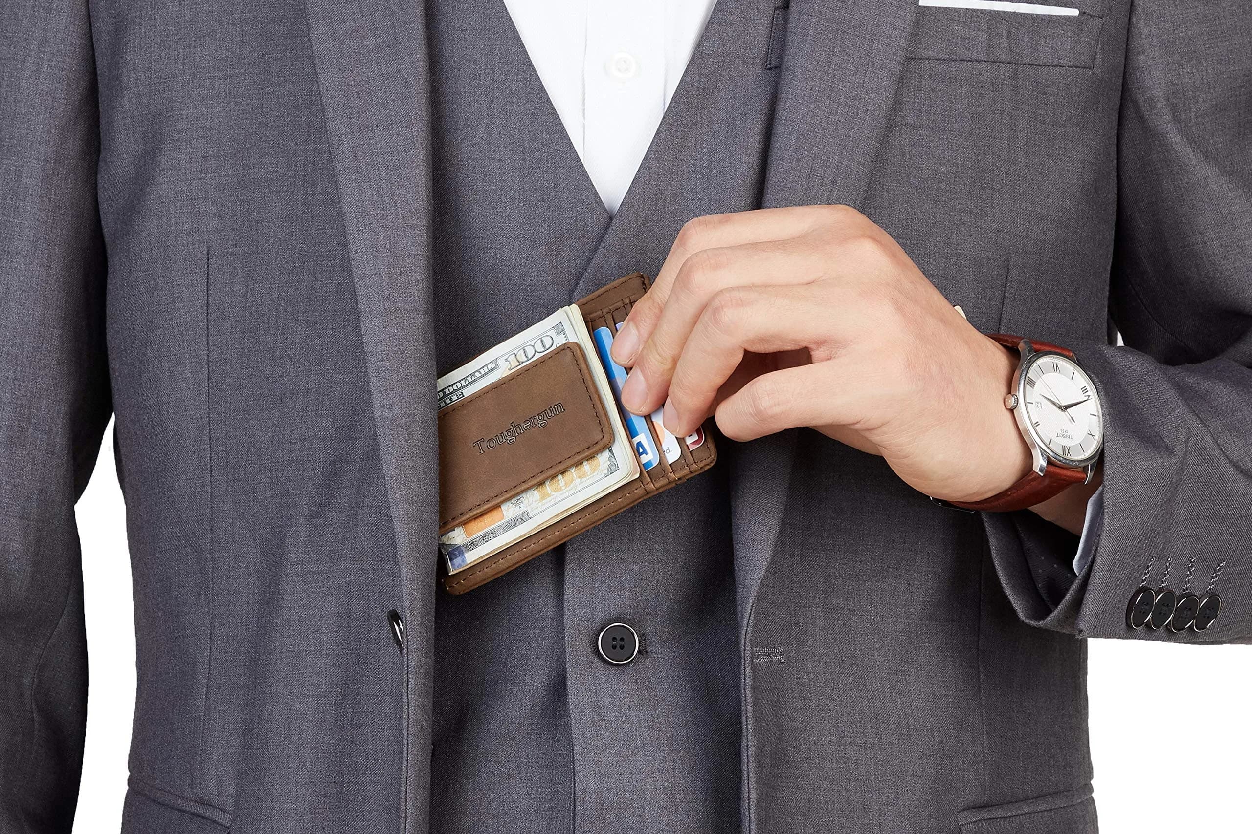Toughergun Slim Wallet for Men RFID Blocking Money Clip, Minimalist Front Pocket Credit Card Holder, Magnetic Thin Mens Wallets with ID Window (Coffee, 4" x 3" x 0.3") - view 4