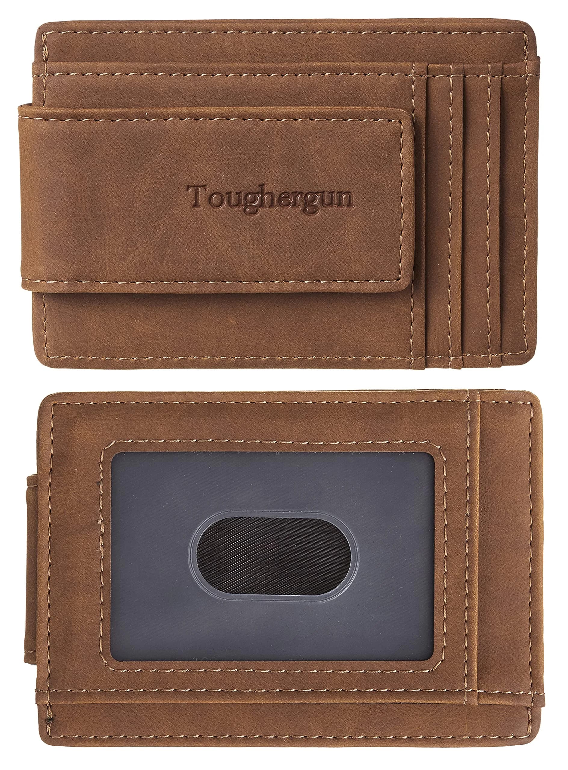 Toughergun Slim Wallet for Men RFID Blocking Money Clip, Minimalist Front Pocket Credit Card Holder, Magnetic Thin Mens Wallets with ID Window (Russet Brown, 4" x 3" x 0.3") — Deep Brown