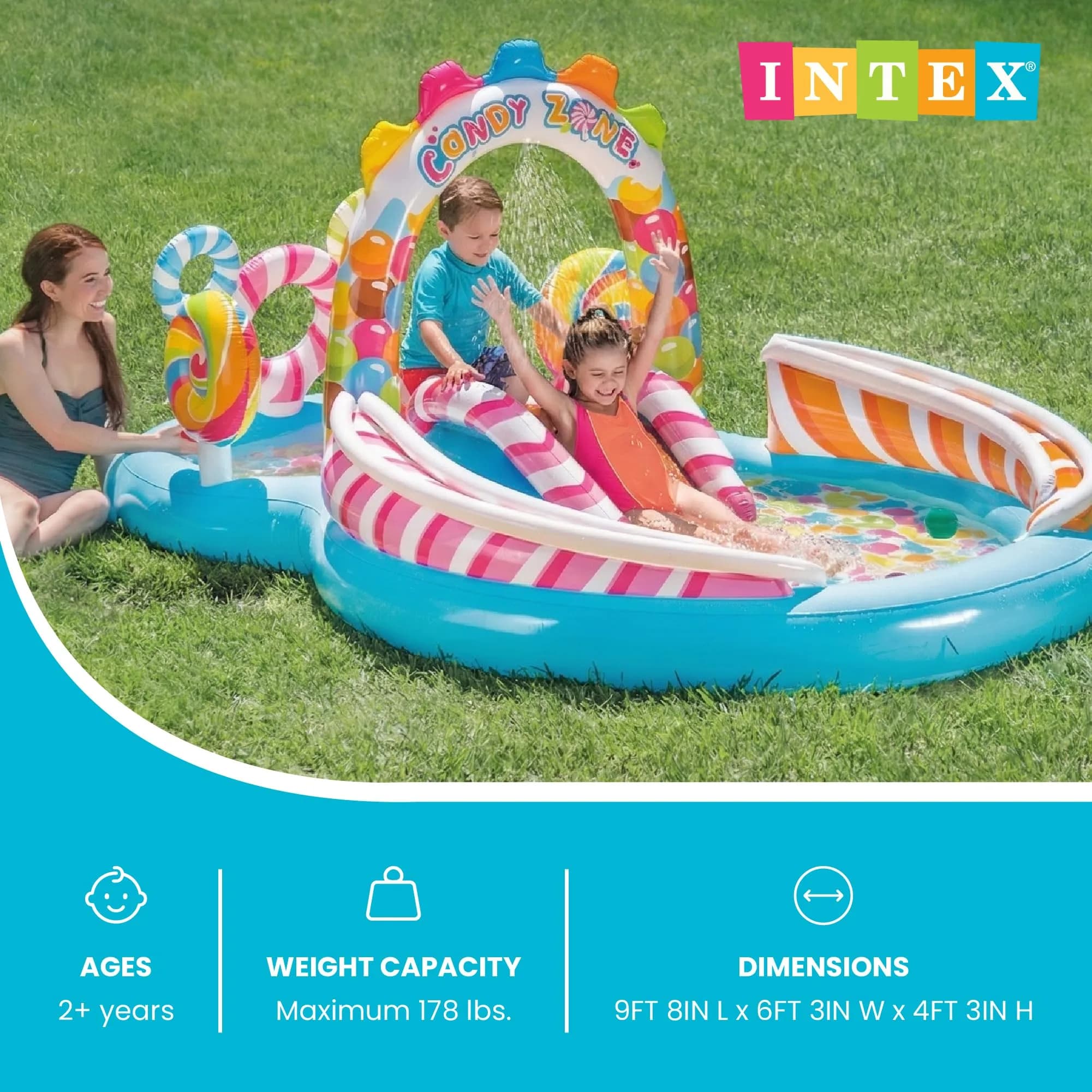 Intex Candy Zone Inflatable Kiddie Pool - Multicolor Splash Pad with Sprayer & Slide, 116" x 75" x 51" - view 2