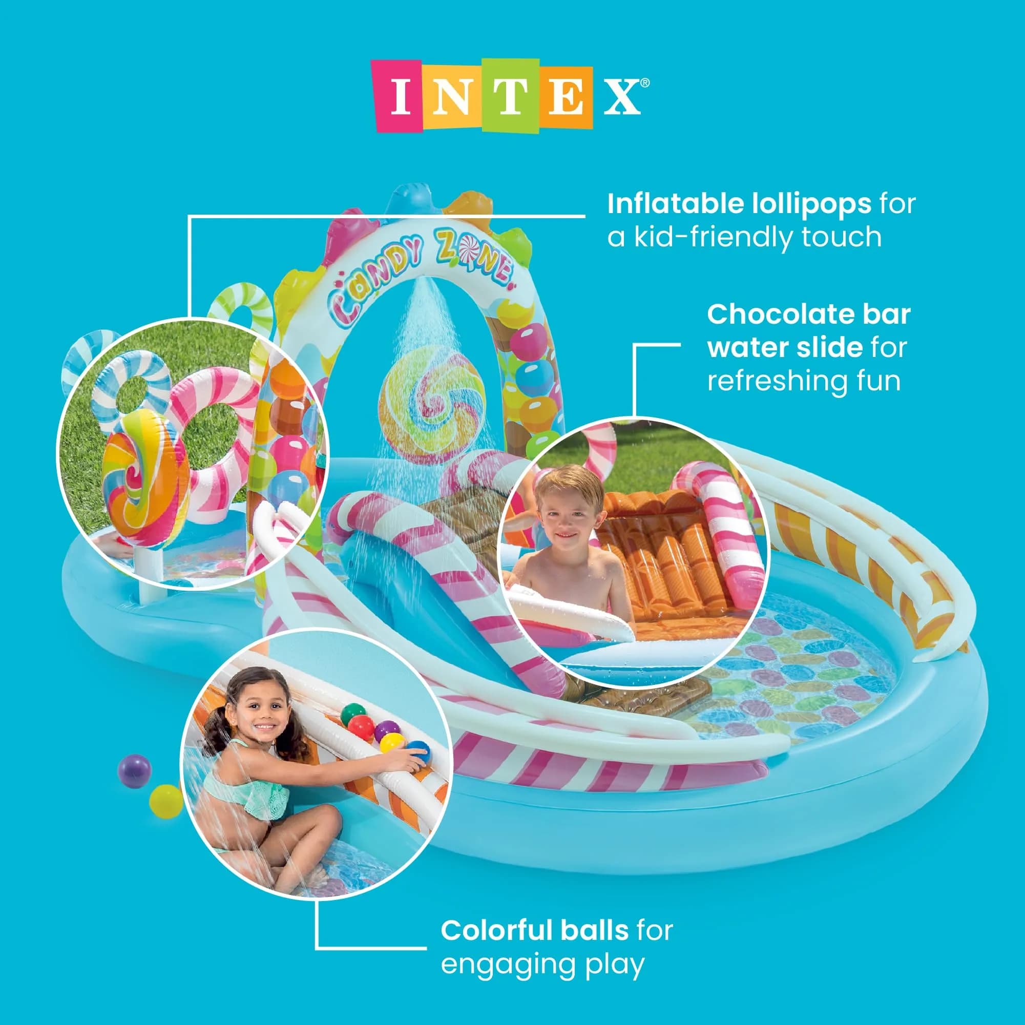 Intex Candy Zone Inflatable Kiddie Pool - Multicolor Splash Pad with Sprayer & Slide, 116" x 75" x 51" - view 3