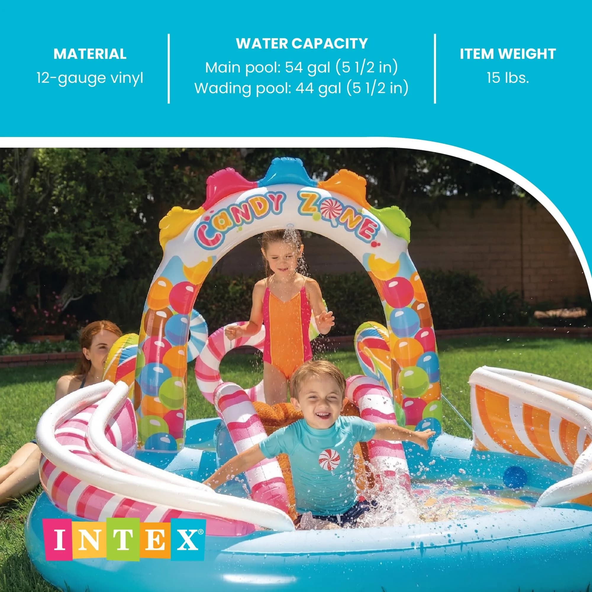 Intex Candy Zone Inflatable Kiddie Pool - Multicolor Splash Pad with Sprayer & Slide, 116" x 75" x 51" - view 4