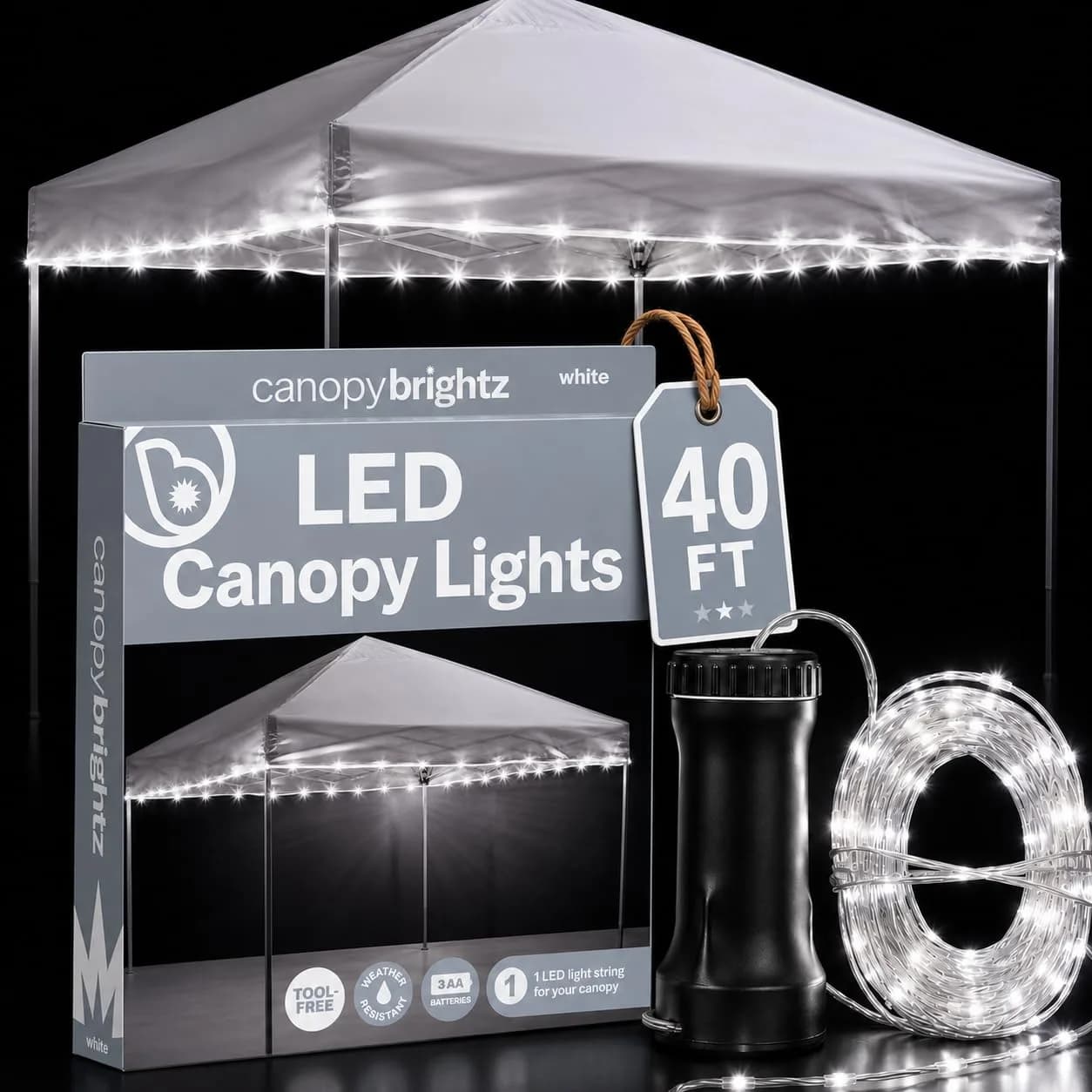 Brightz LED Canopy Lights, White 40ft String Light for 10x10 Tents | Weather-Resistant, Battery-Operated, Perfect for Outdoor Canopies