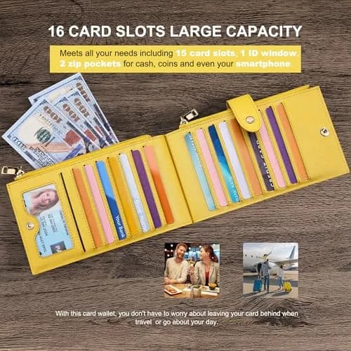 Travelambo RFID Wallet Women Large Size Bifold Multi Card Wallet Case with Zipper Pocket, 15 Card Slots, Yellow | Genuine Leather, RFID Blocking thumbnail 5