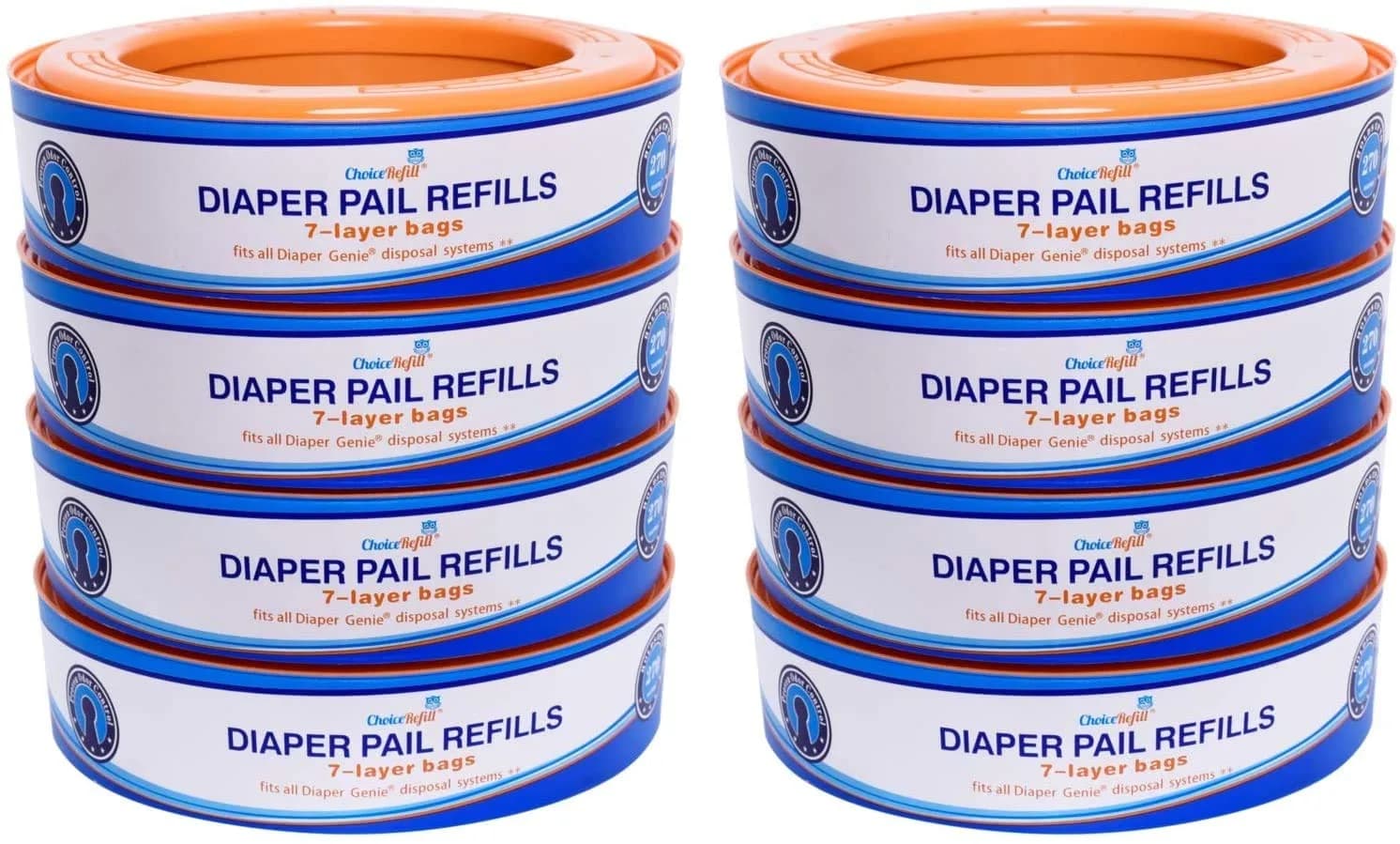 ChoiceRefill Diaper Pail Refill Bags 2600 Count (8-Pack) | Odor-Locking 7-Layer Film for Diaper Genie Pails