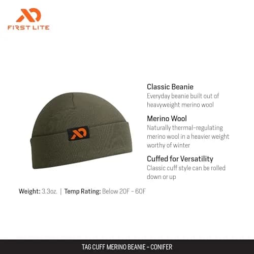 First Lite Tag Cuff Merino Wool Beanie | Conifer | One Size | Heavyweight thermal regulation thumbnail 2