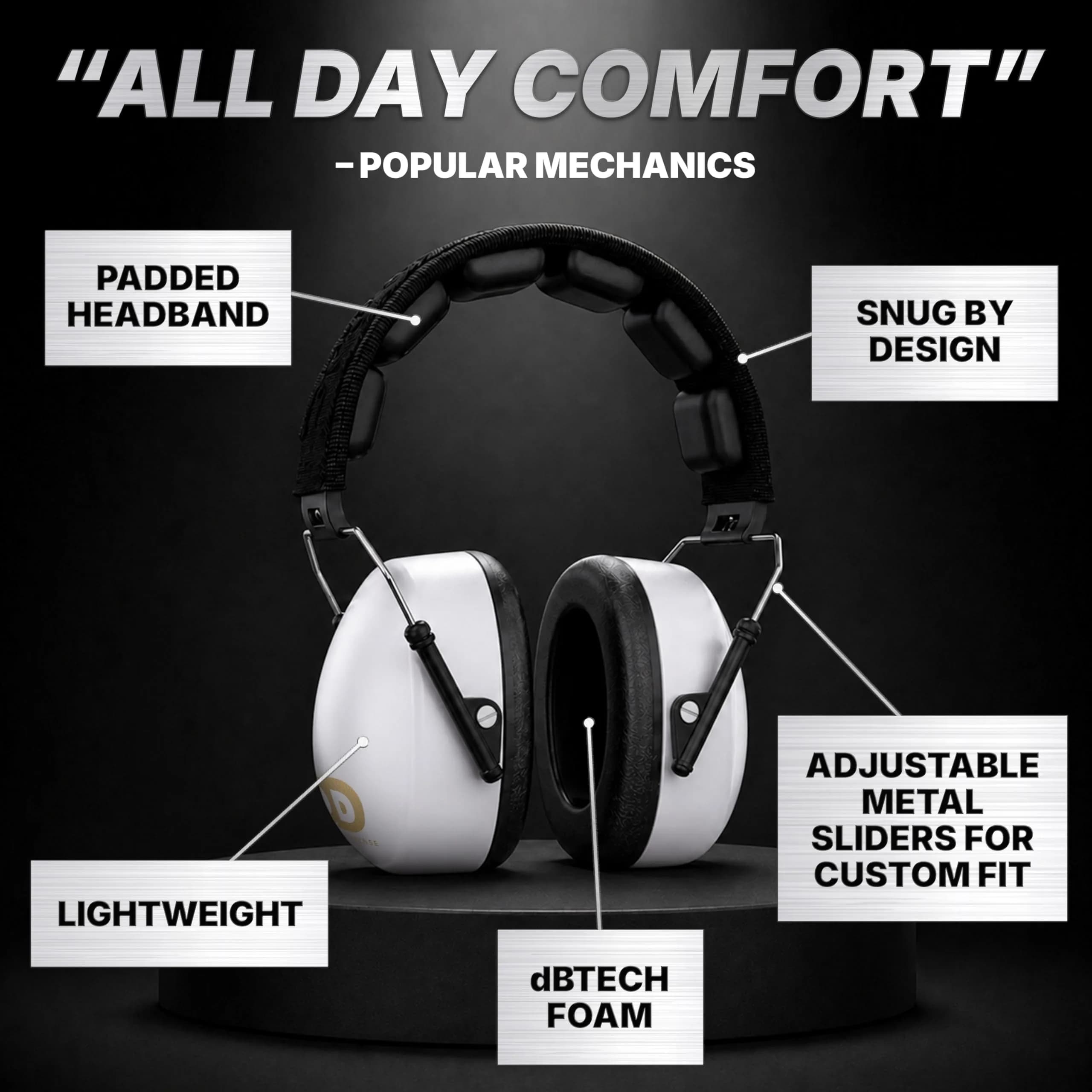 Decibel Defense 37 dB NRR Safety Earmuffs (White) | Industry-Leading Noise Reduction for Shooting, Construction, and Loud Events - view 4