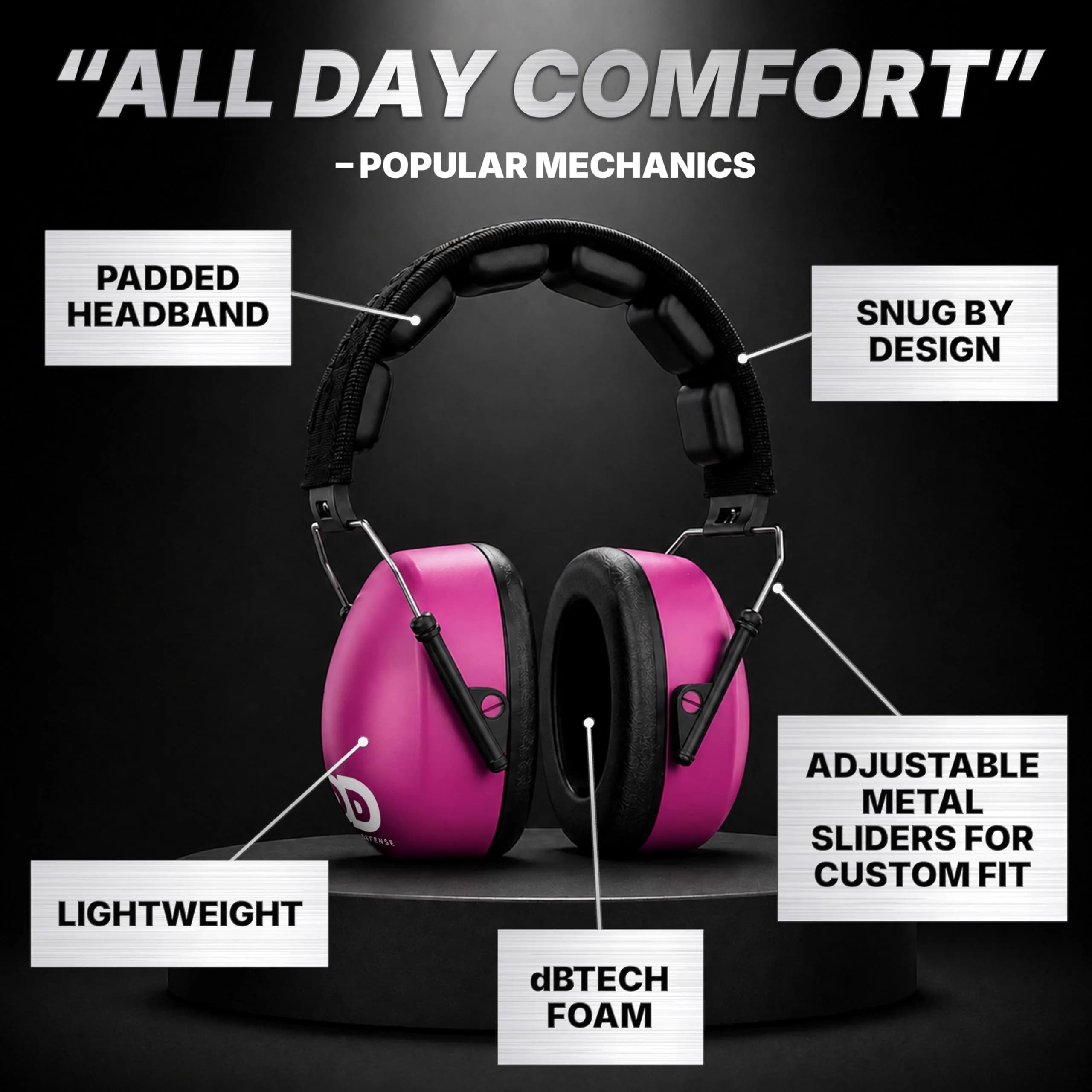 Decibel Defense Pink 37 dB NRR Safety Earmuffs | Superior Noise Reduction for Shooting, Construction, and Loud Events - view 4