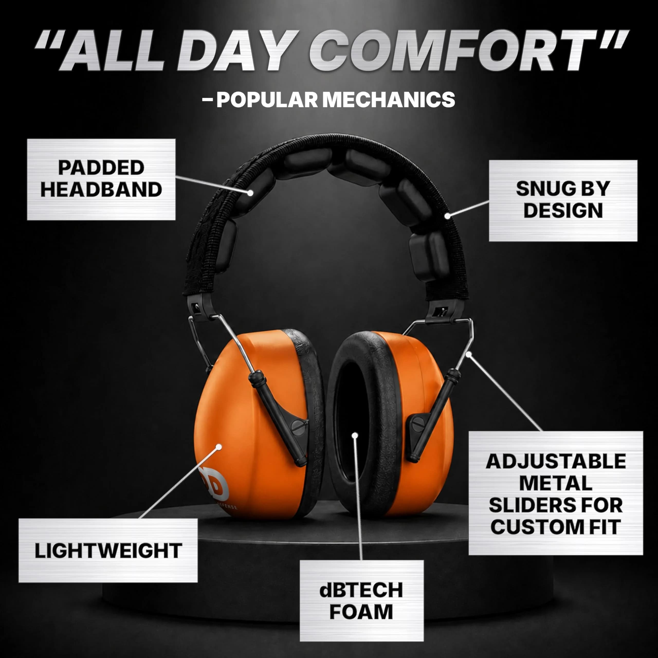 Decibel Defense 37 dB NRR Orange Safety Earmuffs | High-Visibility Noise Reduction for Shooting, Construction, and Loud Events - view 4