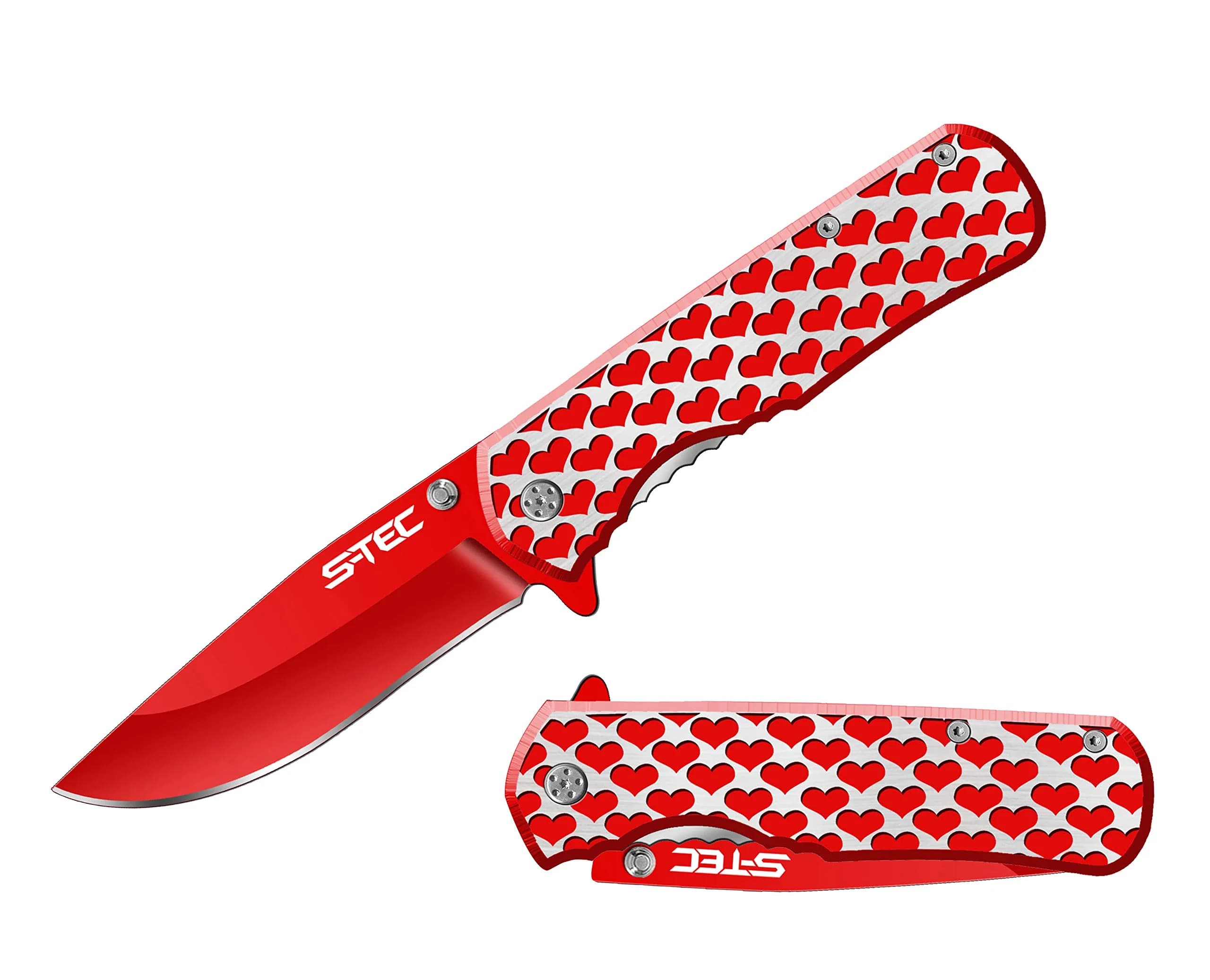 S-TEC 8" Valentine's Hearts Spring Assisted Folding Pocket Knife (Red) | Heart-Shaped Aluminum Handle