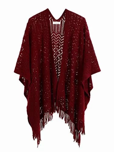 sy soul young Knit Shawl Wrap for Women Ladies Fringe Poncho Cape One Size Burgundy | Casual Loose Winter Summer thumbnail 1