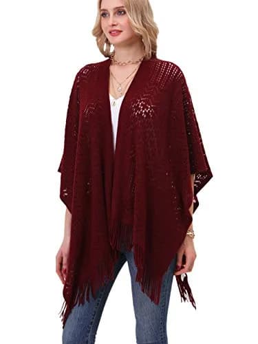 sy soul young Knit Shawl Wrap for Women Ladies Fringe Poncho Cape One Size Burgundy | Casual Loose Winter Summer thumbnail 4
