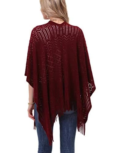 sy soul young Knit Shawl Wrap for Women Ladies Fringe Poncho Cape One Size Burgundy | Casual Loose Winter Summer thumbnail 5