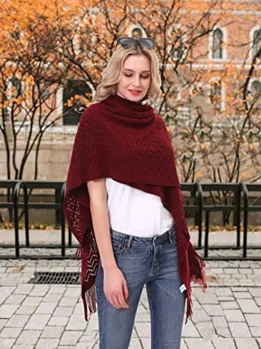 sy soul young Knit Shawl Wrap for Women Ladies Fringe Poncho Cape One Size Burgundy | Casual Loose Winter Summer thumbnail 6