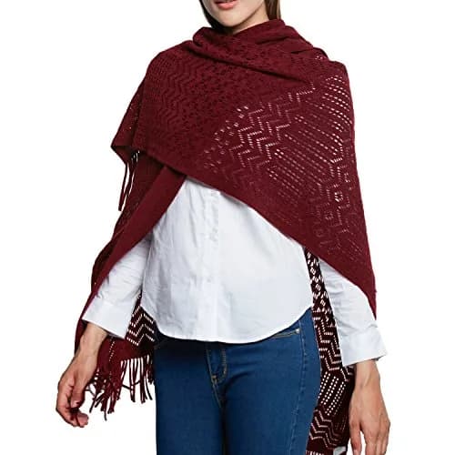 sy soul young Knit Shawl Wrap for Women Ladies Fringe Poncho Cape One Size Burgundy | Casual Loose Winter Summer thumbnail 8