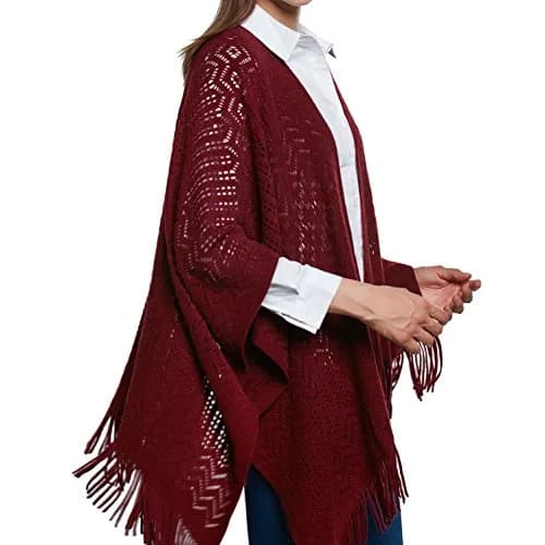 sy soul young Knit Shawl Wrap for Women Ladies Fringe Poncho Cape One Size Burgundy | Casual Loose Winter Summer thumbnail 9