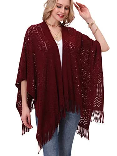 sy soul young Knit Shawl Wrap for Women Ladies Fringe Poncho Cape One Size Burgundy | Casual Loose Winter Summer thumbnail 2