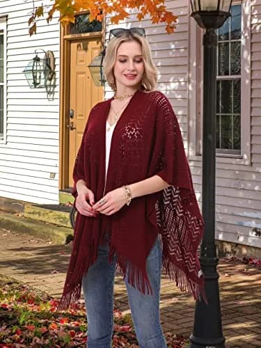 sy soul young Knit Shawl Wrap for Women Ladies Fringe Poncho Cape One Size Burgundy | Casual Loose Winter Summer thumbnail 3