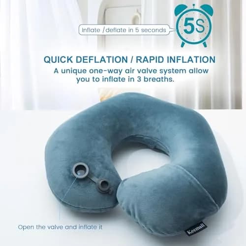 Keemall Portable Inflatable Travel Neck Pillow for Airplane, Car & Office | Micro-Velvet, Ergonomic U-Shape, Washable Cover thumbnail 3