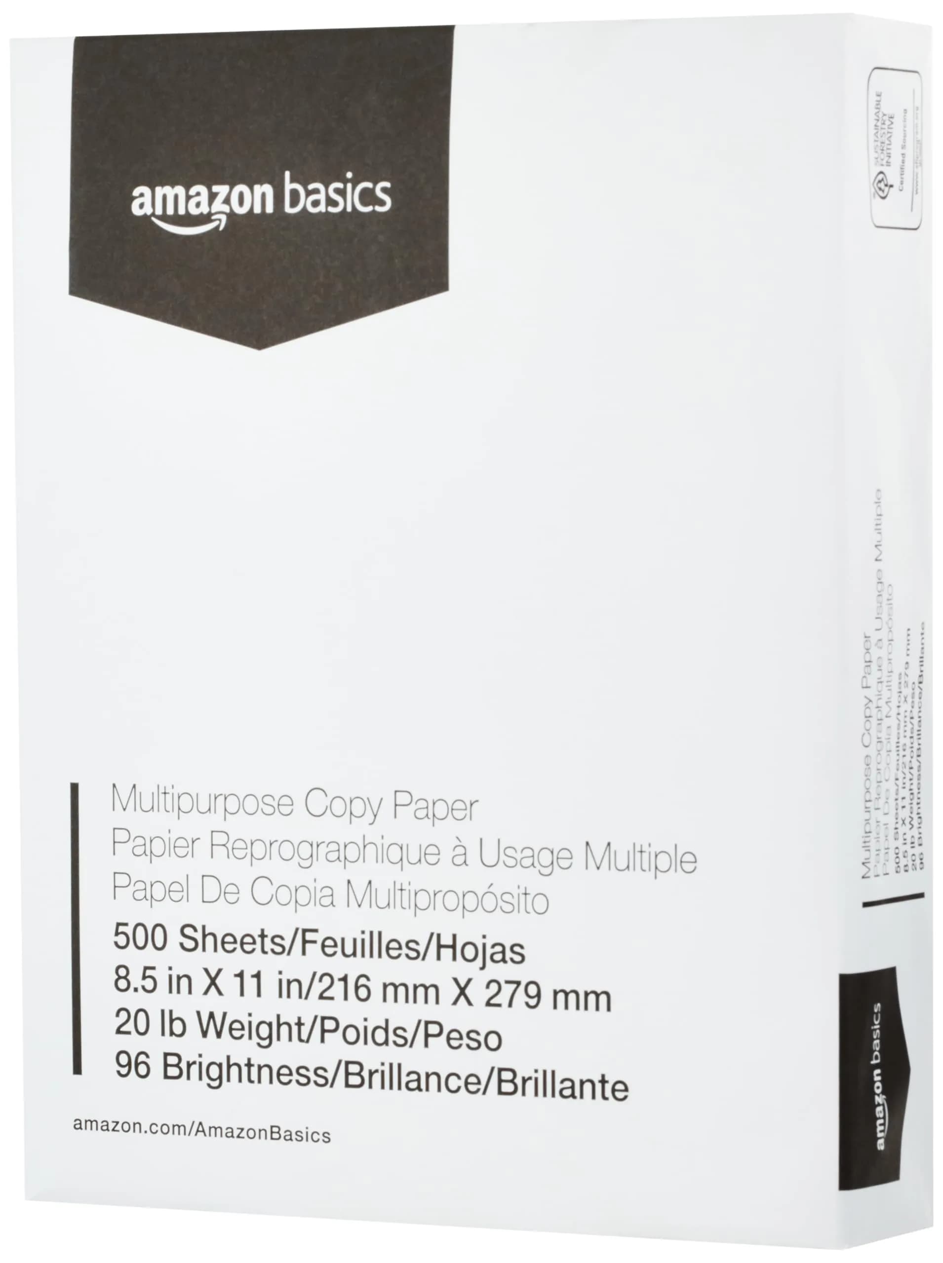 Amazon Basics Multipurpose Copy Printer Paper 8.5 x 11 Inches 20 lb 500 Sheets | Smooth Ink Flow - main product image
