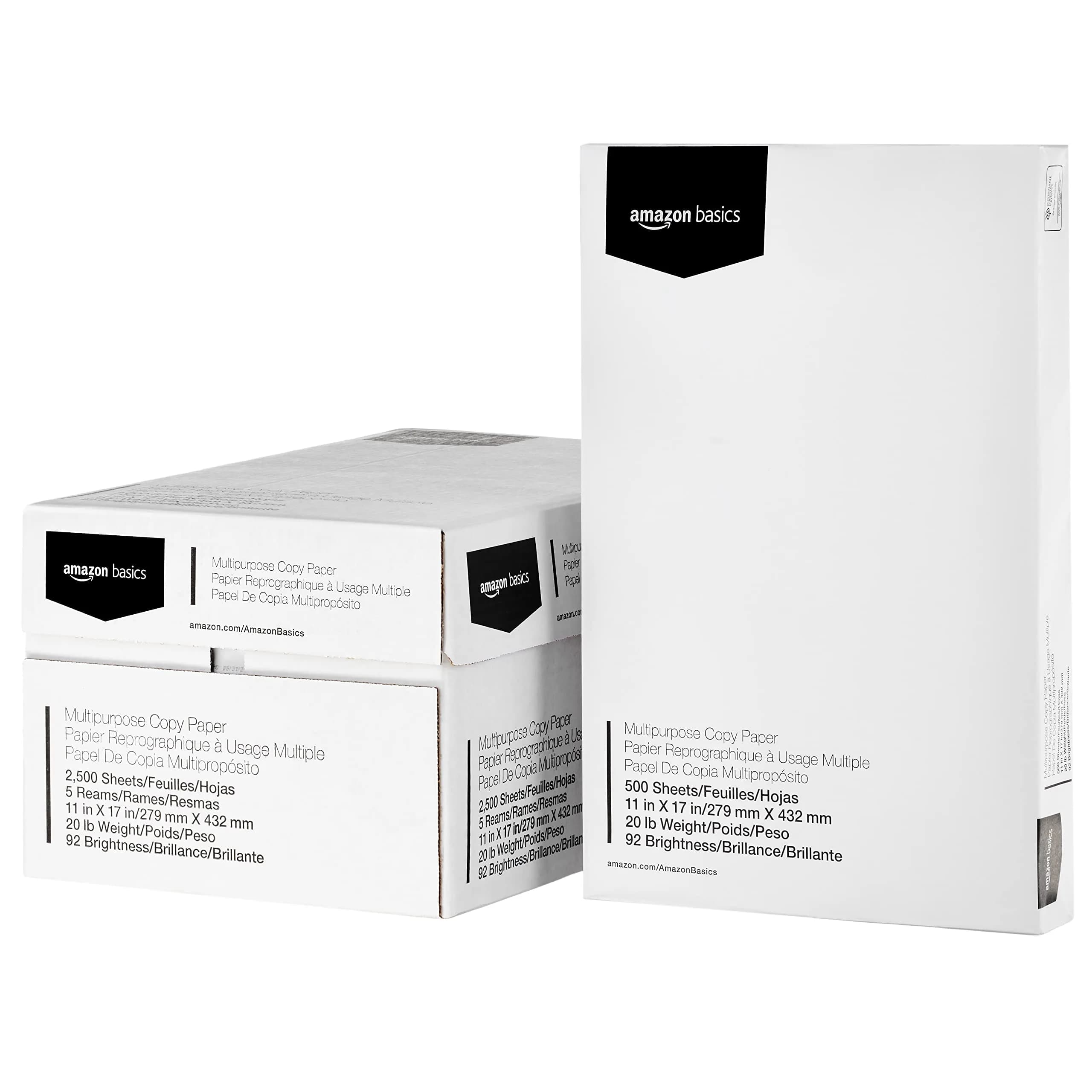 Amazon Basics Multipurpose Copy Printer Paper 11 x 17 Inches 2.27 kg (5 lb) | 92 Bright White, Acid-Free, 2500 Sheets - main product image