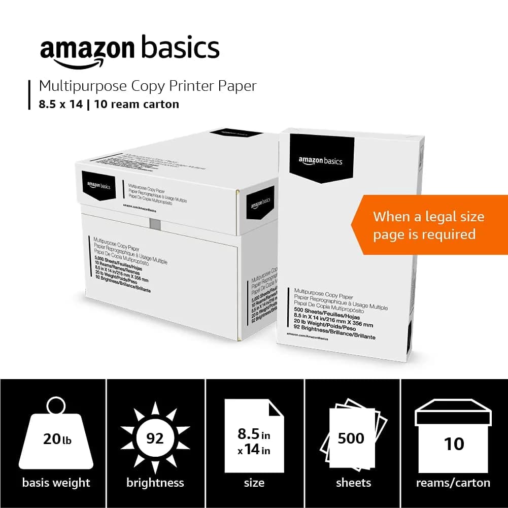 Amazon Basics Multipurpose Copy Printer Paper, 20 lb, 8.5 x 14 Inches, 10 Reams (5,000 Sheets), 92 Bright White | Acid-Free Legal Size Paper - view 4