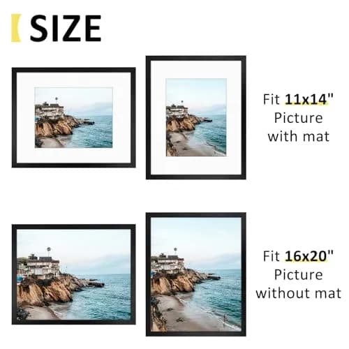 Frametory 16x20 Picture Frame with Mat for 11x14, Real Glass, Black | Modern Wall & Tabletop Decor thumbnail 3