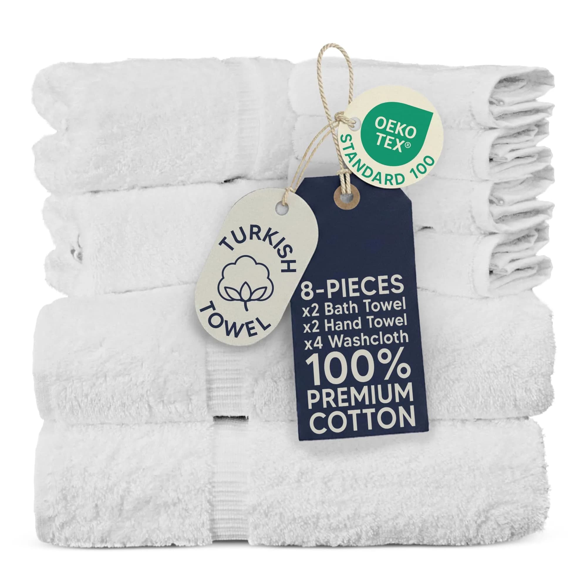 Towel Bazaar 8-Piece Turkish Cotton Towel Set White | 2 Bath (54x27in), 2 Hand (30x16in), 4 Washcloths (13x13in) | Soft, Absorbent, Quick-Dry
