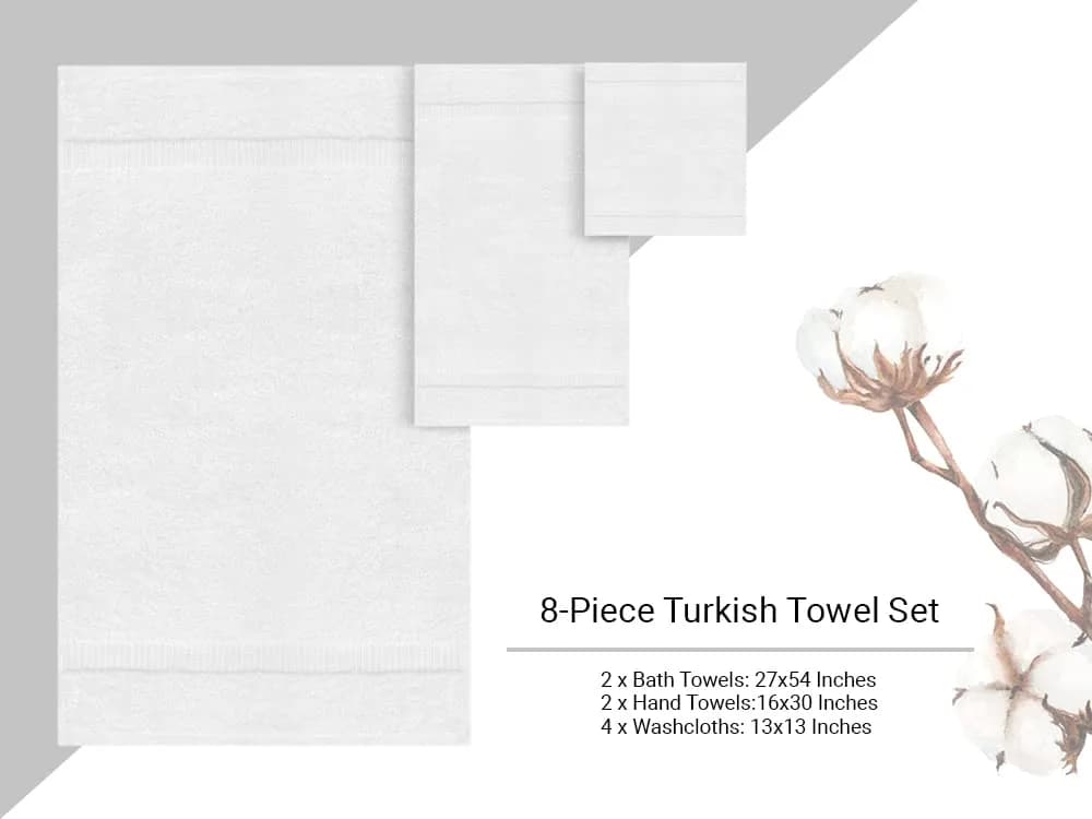Towel Bazaar 8-Piece Turkish Cotton Towel Set White | 2 Bath (54x27in), 2 Hand (30x16in), 4 Washcloths (13x13in) | Soft, Absorbent, Quick-Dry - view 6