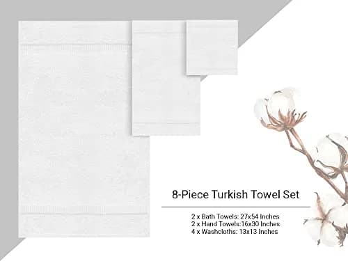 Towel Bazaar 8-Piece Turkish Cotton Towel Set White | 2 Bath (54x27in), 2 Hand (30x16in), 4 Washcloths (13x13in) | Soft, Absorbent, Quick-Dry thumbnail 6