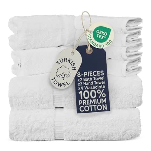 Towel Bazaar 8-Piece Turkish Cotton Towel Set White | 2 Bath (54x27in), 2 Hand (30x16in), 4 Washcloths (13x13in) | Soft, Absorbent, Quick-Dry thumbnail 1