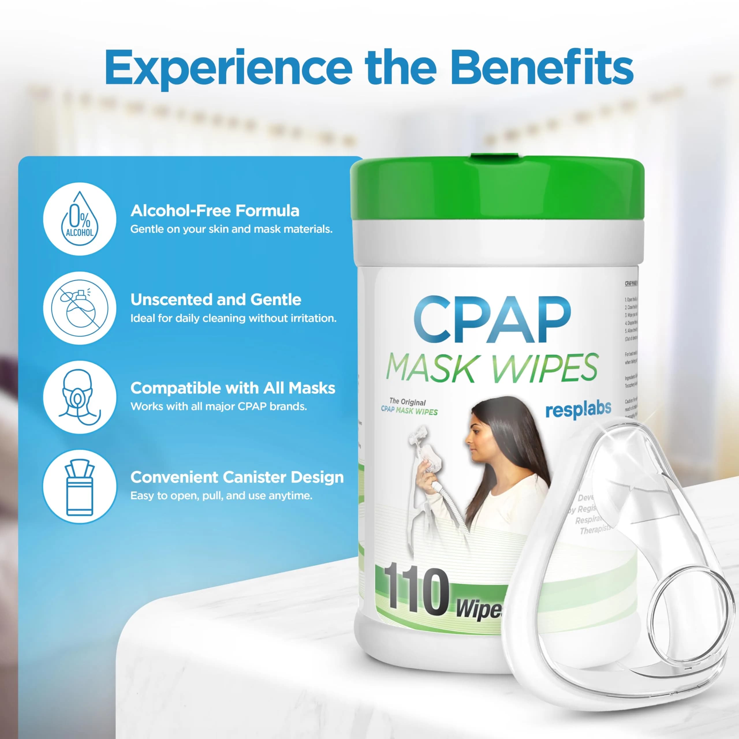RespLabs CPAP Mask Wipes 330 Count (9 Months Supply) | Unscented, Alcohol-Free, Safe for All CPAP Masks - view 2