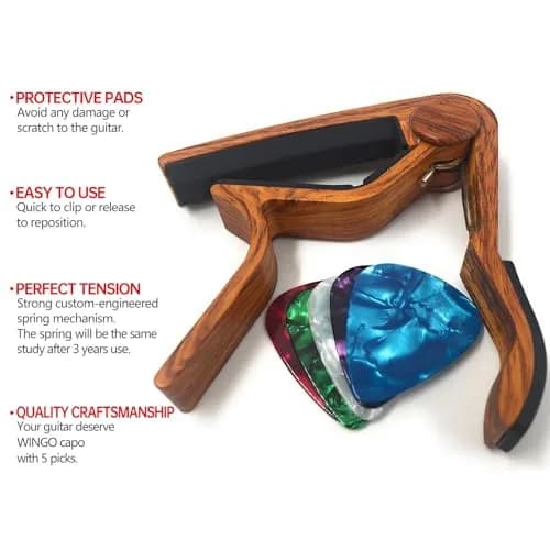 WINGO Rosewood Color Guitar Capo for Acoustic Electric Guitars with 5 Picks | Stays in Tune - view 3