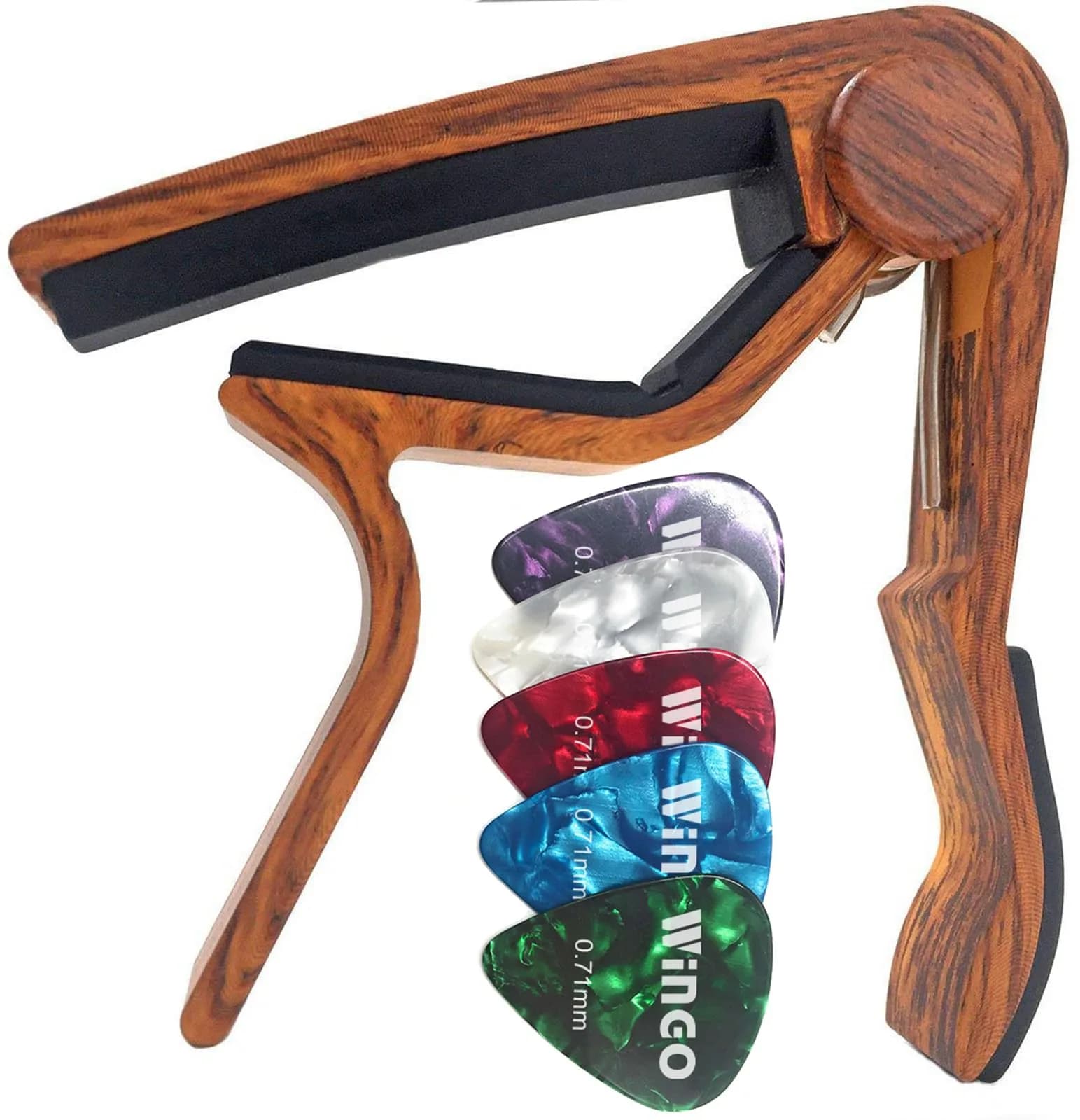 WINGO Guitar Capo for Acoustic and Electric Guitar with 5 Picks, Burlywood | Quick-Release, No Buzz, 6-String Steel Acoustic/Electric — Rosewood Color