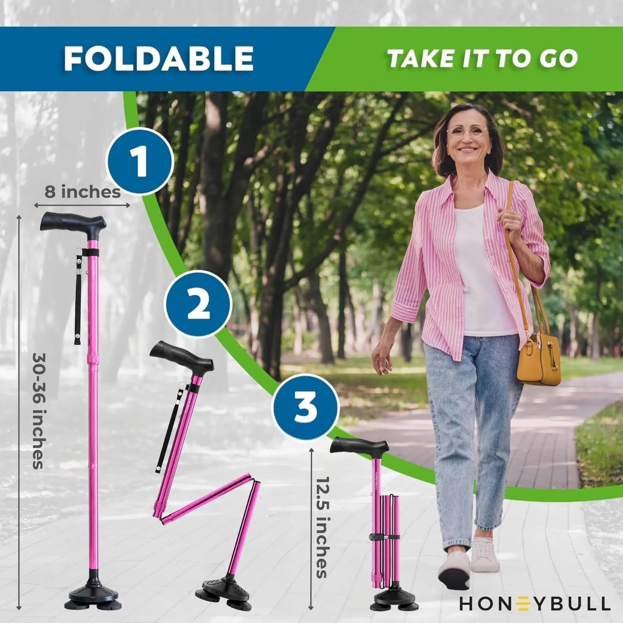 HONEYBULL Foldable Walking Cane with Free Standing Pivot Base, Adjustable Height 78-96cm (30-36 inches) | Supports Seniors and Adults - view 6