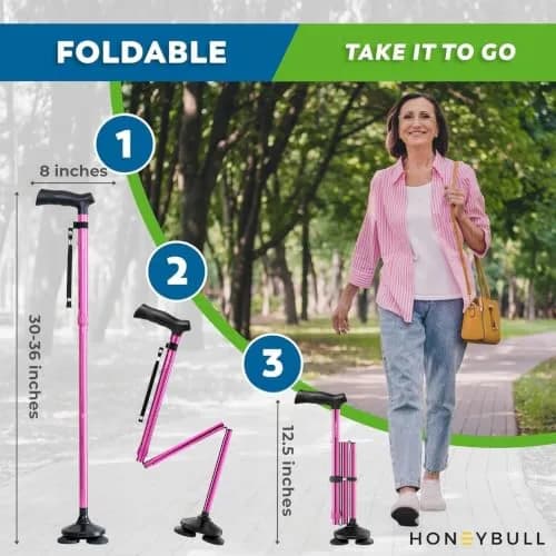 HONEYBULL Foldable Walking Cane with Free Standing Pivot Base, Adjustable Height 78-96cm (30-36 inches) | Supports Seniors and Adults thumbnail 6
