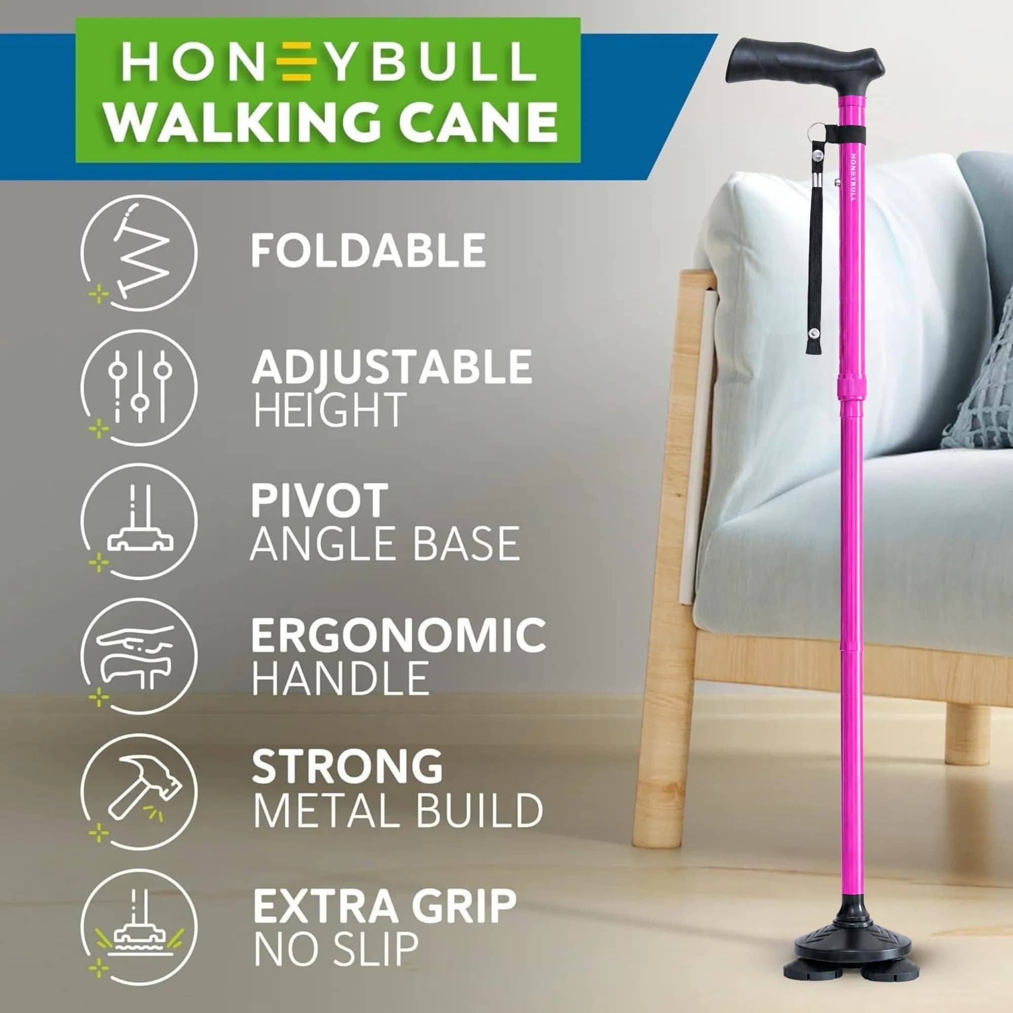 HONEYBULL Foldable Walking Cane with Free Standing Pivot Base, Adjustable Height 78-96cm (30-36 inches) | Supports Seniors and Adults - view 2