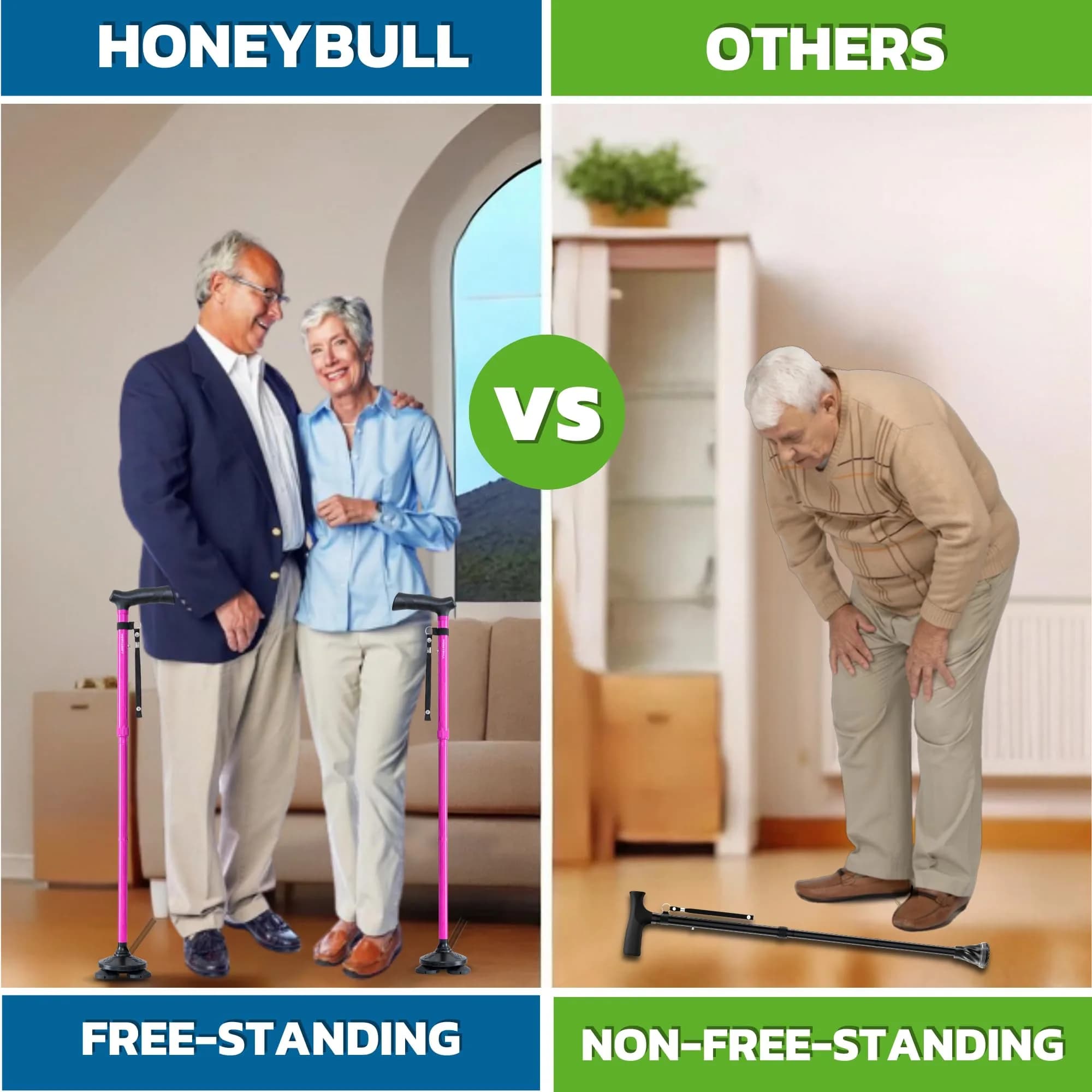 HONEYBULL Foldable Walking Cane with Free Standing Pivot Base, Adjustable Height 78-96cm (30-36 inches) | Supports Seniors and Adults - view 4