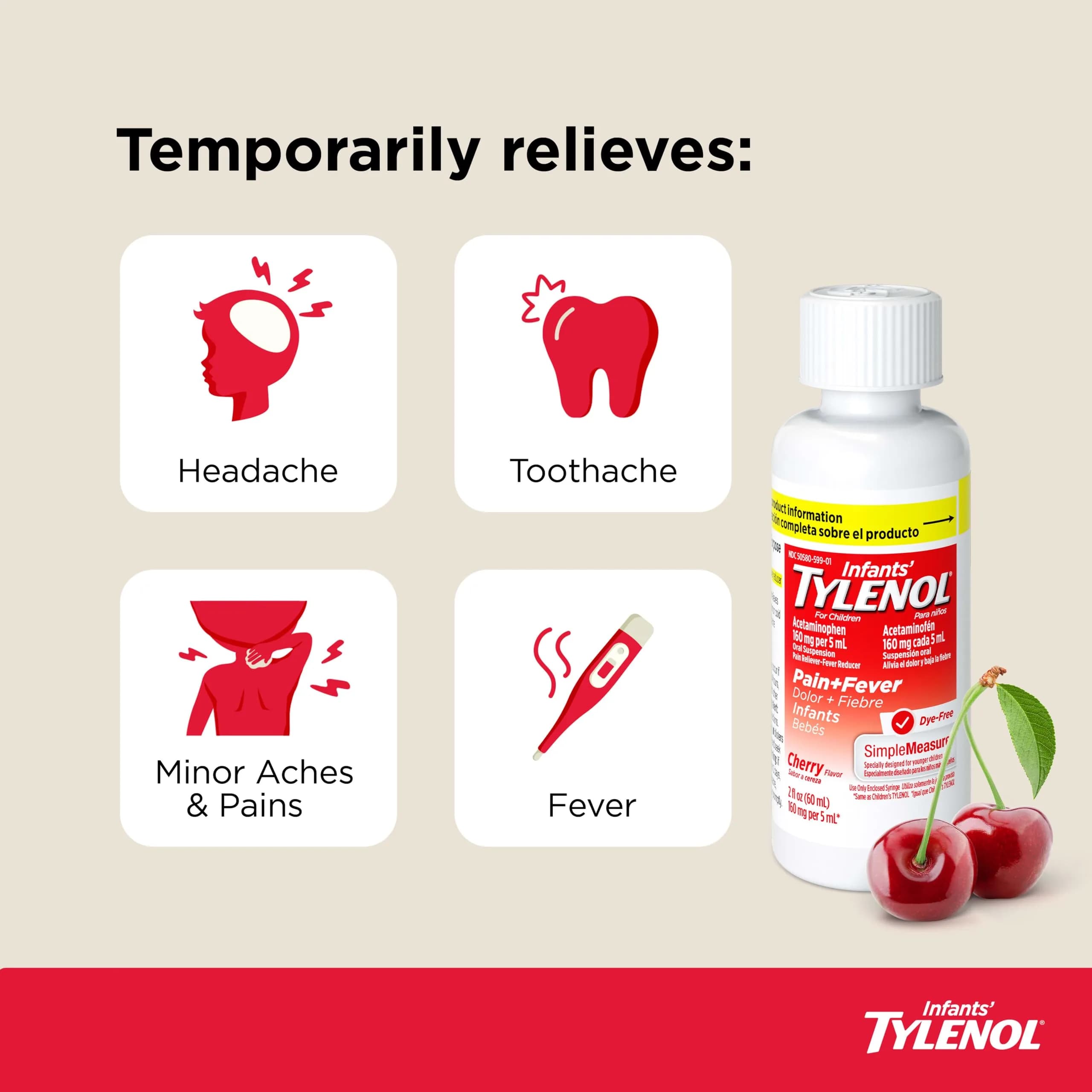 Infants’ Tylenol Dye-Free Acetaminophen Oral Suspension, Cherry Flavor, 60ml (2 Fl Oz) | Doctor Recommended Pain Relief & Fever Reducer - view 2