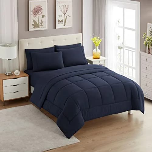 Sweet Home Collection 7 Piece Comforter Set in Navy | All-Season Microfiber Bedding thumbnail 1