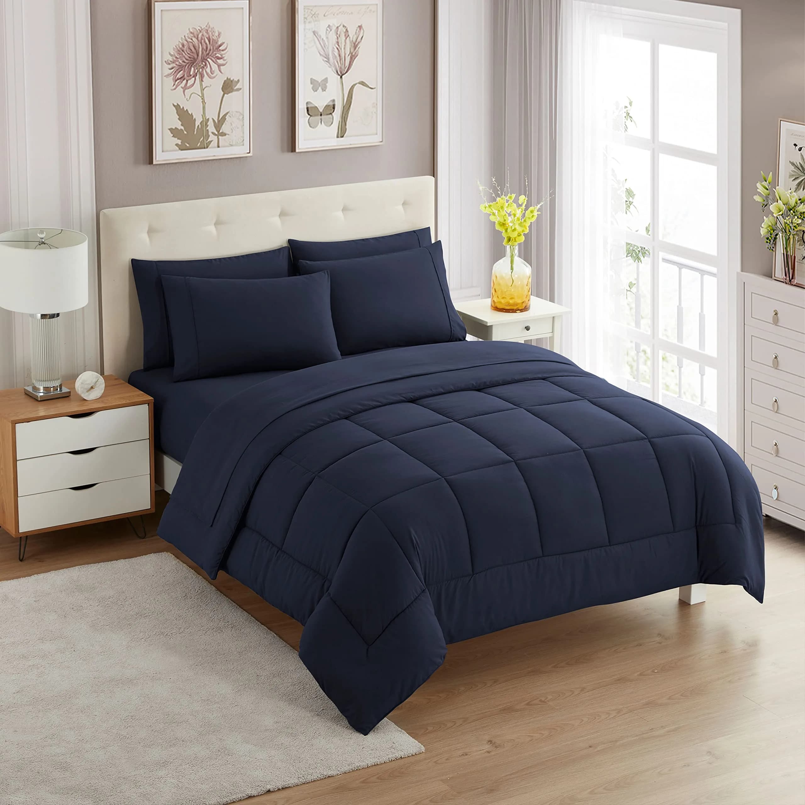 Sweet Home Collection 7 Piece Comforter Set in Navy | All-Season Microfiber Bedding