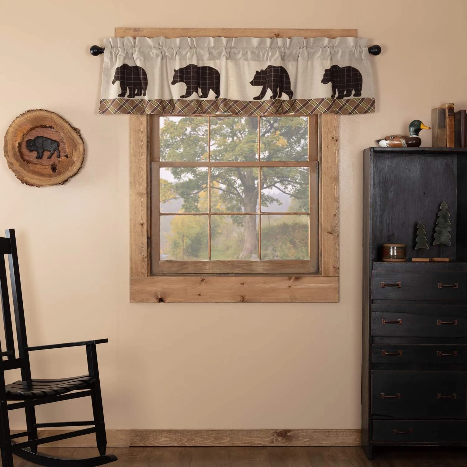VHC Brands Kitchen Window Bear Curtain Valance, Tan, 16x72 | Rustic Plaid Light Filter with Bear Accents