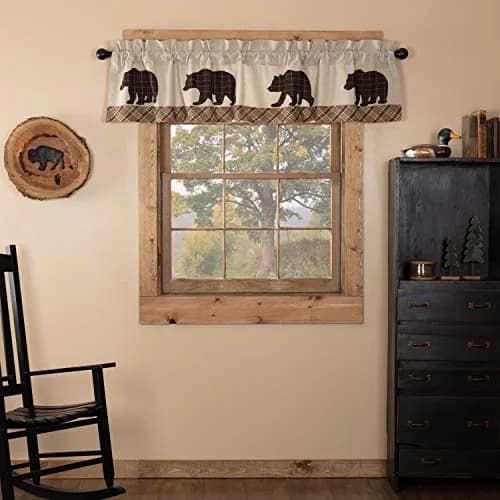 VHC Brands Kitchen Window Bear Curtain Valance, Tan, 16x72 | Rustic Plaid Light Filter with Bear Accents thumbnail 1