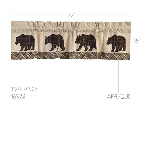 VHC Brands Kitchen Window Bear Curtain Valance, Tan, 16x72 | Rustic Plaid Light Filter with Bear Accents thumbnail 2