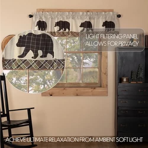 VHC Brands Kitchen Window Bear Curtain Valance, Tan, 16x72 | Rustic Plaid Light Filter with Bear Accents thumbnail 3